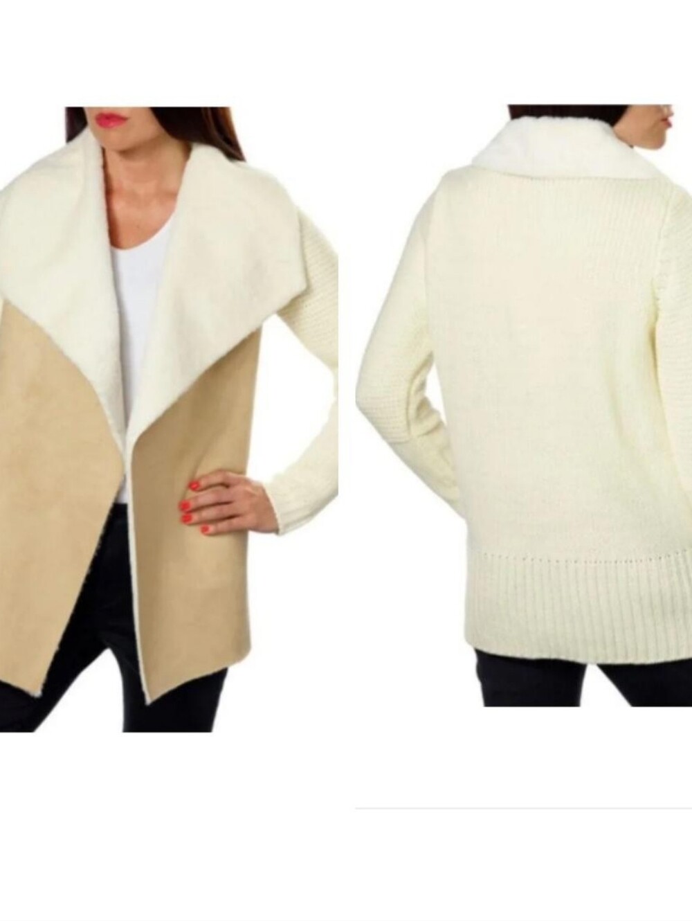 Fever Faux Shearling Suede‎ Knit Cardigan Coat Jacket Latte Ivory